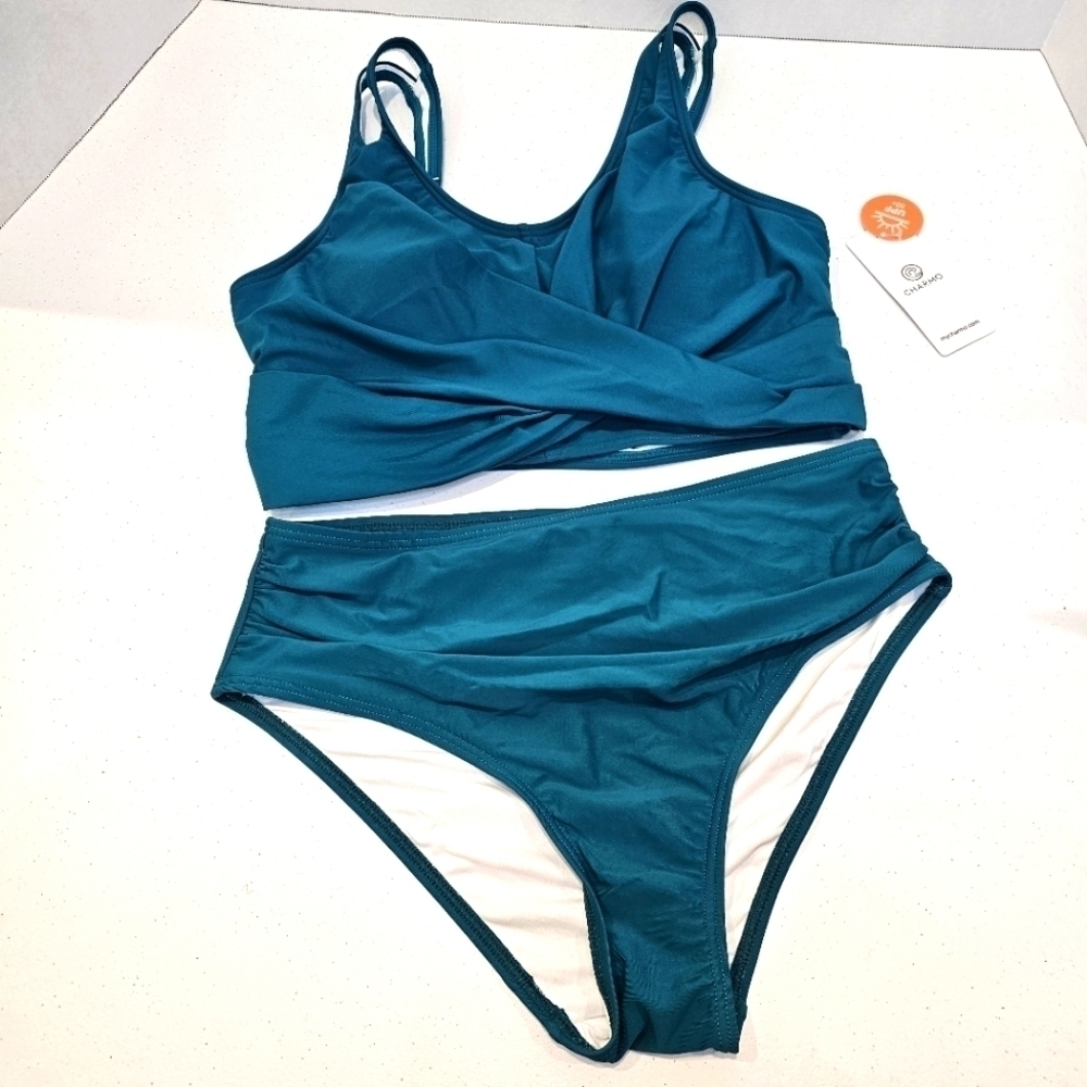 Charmo Bikini Womens Size Medium Large Teal Swimsuit Rouched Summer Beach
